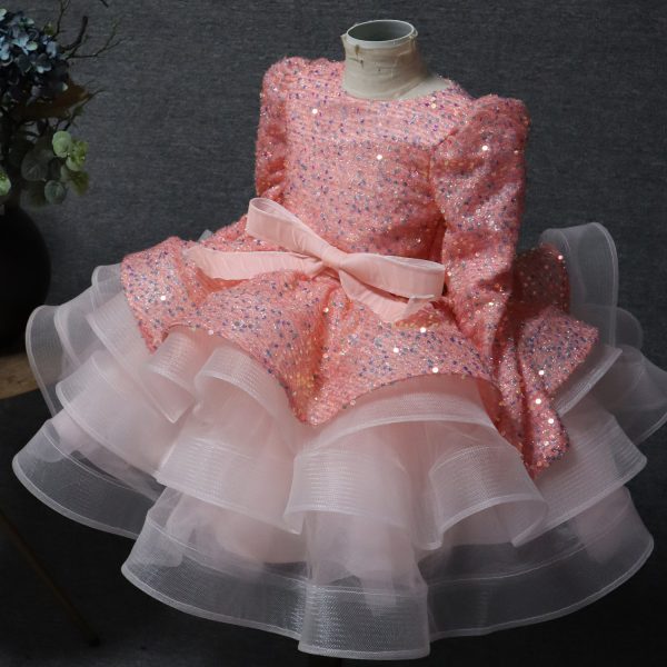 Cute bow pink long-sleeved dress for girls