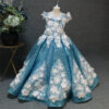 Blue long flower pattern girls summer dress, back tie up type pompadour skirt, suitable for birthday parties, weddings