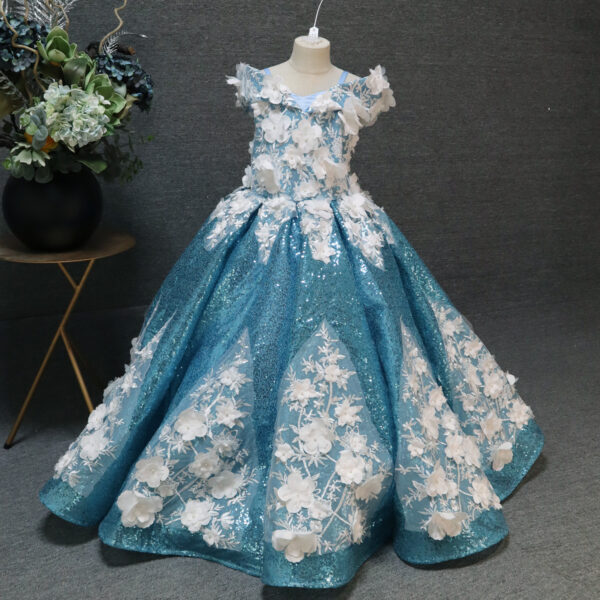 Blue long flower pattern girls summer dress, back tie up type pompadour skirt, suitable for birthday parties, weddings