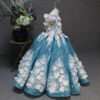 Blue long flower pattern girls summer dress, back tie up type pompadour skirt, suitable for birthday parties, weddings