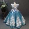 Blue long flower pattern girls summer dress, back tie up type pompadour skirt, suitable for birthday parties, weddings