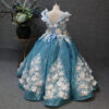 Blue long flower pattern girls summer dress, back tie up type pompadour skirt, suitable for birthday parties, weddings