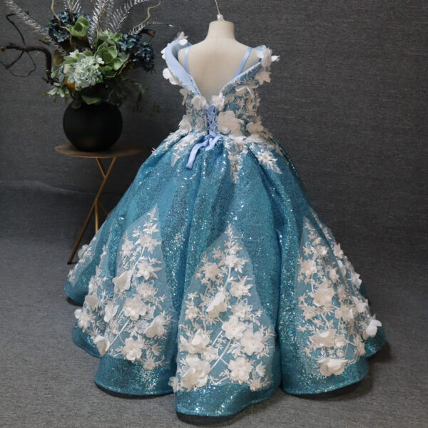 Blue long flower pattern girls summer dress, back tie up type pompadour skirt, suitable for birthday parties, weddings