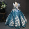 Blue long flower pattern girls summer dress, back tie up type pompadour skirt, suitable for birthday parties, weddings