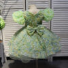 Green V-neck bow short floral children's dress, birthday party dress, wedding dress