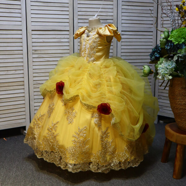 Yellow rose court style girls floral children's dress, suitable for birthday parties, weddings and Mother's Day