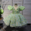 Green V-neck bow short floral children's dress, birthday party dress, wedding dress