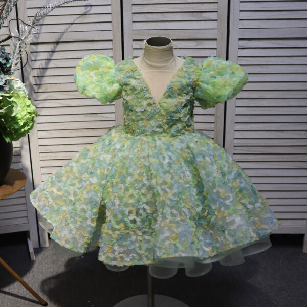 Green V-neck bow short floral children's dress, birthday party dress, wedding dress