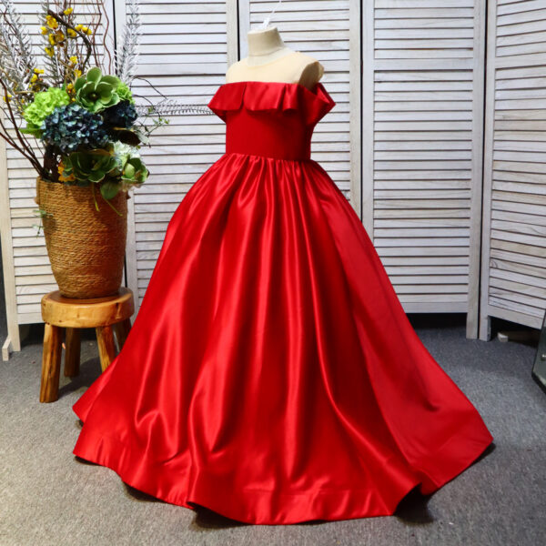Four-color satin one-shoulder round-neck long floral children's dress, birthday party dress
