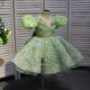 Green V-neck bow short floral children's dress, birthday party dress, wedding dress