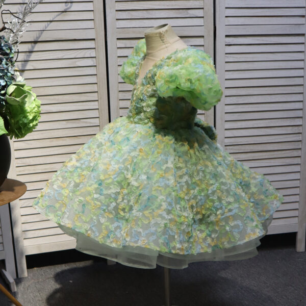 Green V-neck bow short floral children's dress, birthday party dress, wedding dress