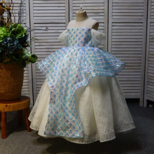 Blue carp pattern round neck long flower children's dress, birthday party dress, beauty pageant dress, performance dress