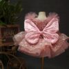 A one-year-old girl wore a pink short butterfly dress, a princess dress and a puffy dress to host a sweet stage performance