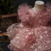 A one-year-old girl wore a pink short butterfly dress, a princess dress and a puffy dress to host a sweet stage performance