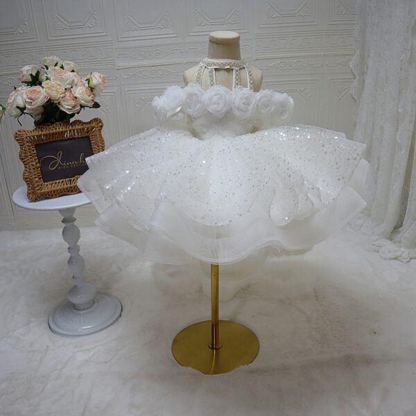 232 (7) Luxury White Halter Flower Girl Dress 3D Floral Sequins Tulle Gown Big Bow Detachable Train For Wedding Birthday
