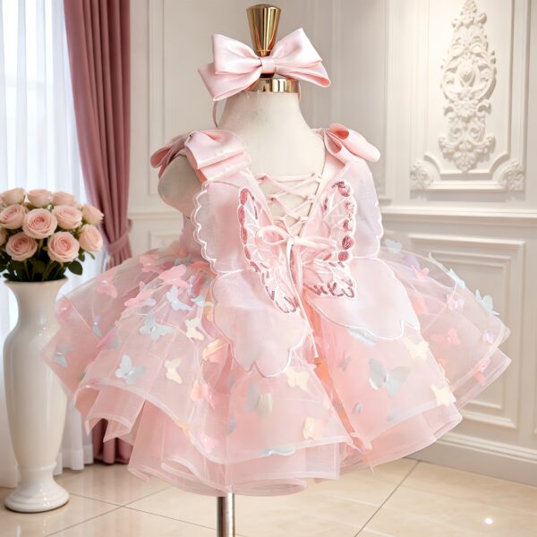 Blush Pink 3D Butterfly Short Tutu Dress | Baby Girl Princess Party Gown