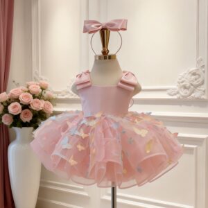 Blush Pink 3D Butterfly Short Tutu Dress | Baby Girl Princess Party Gown