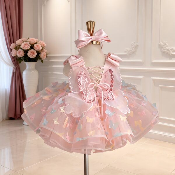 Blush Pink 3D Butterfly Short Tutu Dress | Baby Girl Princess Party Gown