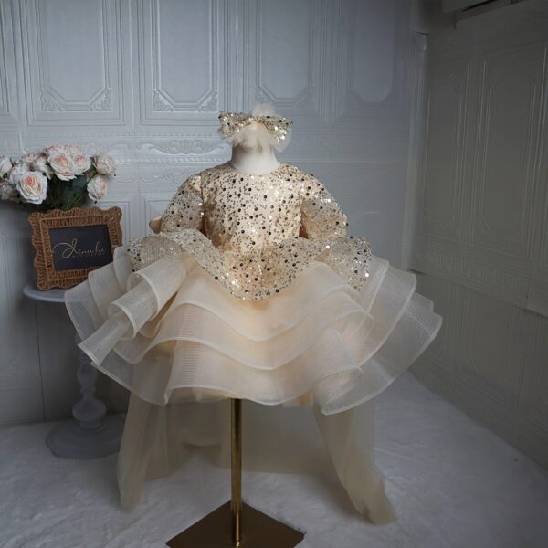 Champagne Gold Sequin Girls Pageant Dress With Big Butterfly Back Detachable Train Kids Formal Birthday Gown