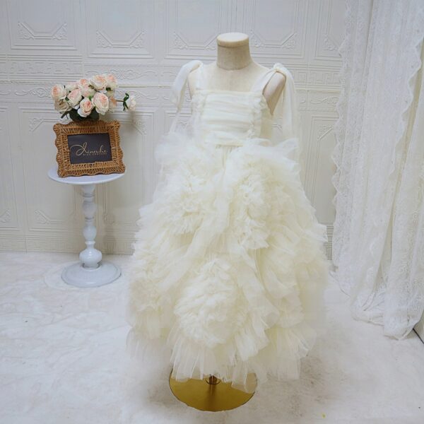 Ivory 3D Floral Tulle Flower Girl Dress Spaghetti Straps Bow Kids Pageant Gown For Wedding Party