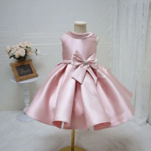 Sleeveless Satin Toddler Formal Dress Pink Rhinestone Bow Princess Gown For Girl Wedding Pageant Birthday
