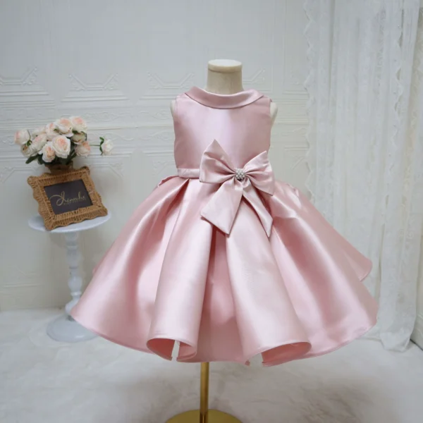 Sleeveless Satin Toddler Formal Dress Pink Rhinestone Bow Princess Gown For Girl Wedding Pageant Birthday