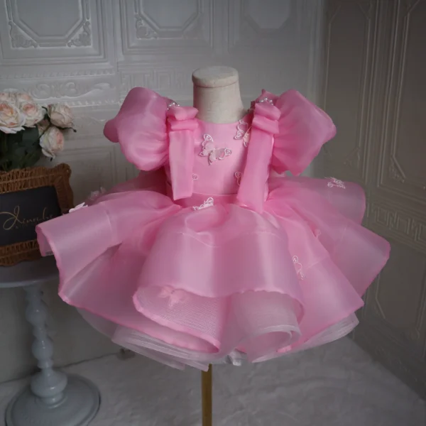 O1CN01XHrFkr2NXEfkb89mX_!!4088969972 Pink Puff Sleeve Toddler Girl Dress 3D Butterfly Embroidery Baby Birthday Party Pageant Gown