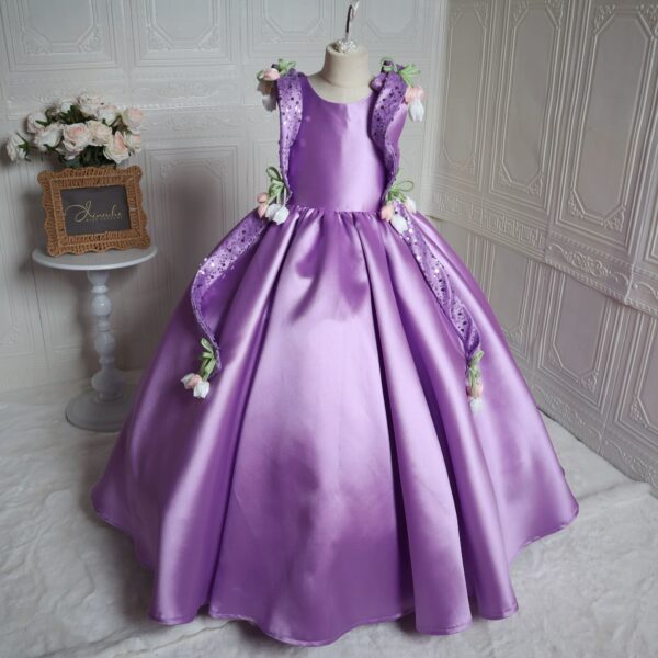 Lavender Satin Girls Pageant Gown 3D Hand‑Made Floral Appliques Sleeveless Kids Formal Wedding Birthday Dress