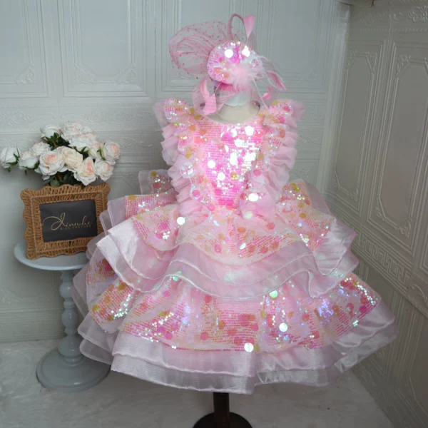 O1CN01vNncUZ2NXEh8XENjC_!!4088969972 Pink Iridescent Sequin Baby Girl Pageant Dress with Matching Fascinator Hat | Ruffled Tulle Party Gown