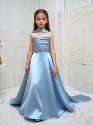 019 (3) Light Blue Satin Girls Pageant Dress, Elegant Open Back Floor Length Flower Girl Gown with Shoulder Cape, Kids Formal Prom Dress for Wedding Concert