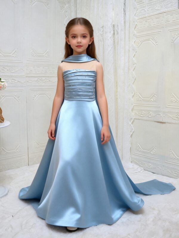 Light Blue Satin Girls Pageant Dress, Elegant Open Back Floor Length Flower Girl Gown with Shoulder Cape, Kids Formal Prom Dress for Wedding Concert
