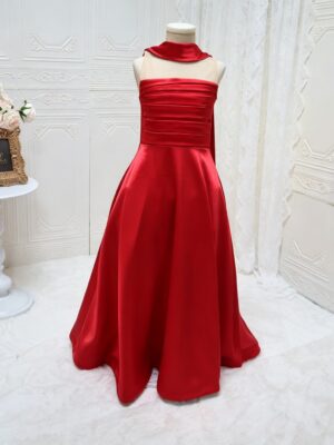 020 (1) Luxury Red Satin Girls Evening Gown Halter Neck Open Back Long Train Formal Dress For Piano Recital Wedding Party