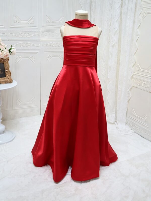 Luxury Red Satin Girls Evening Gown Halter Neck Open Back Long Train Formal Dress For Piano Recital Wedding Party