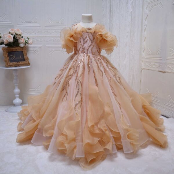 Champagne Ruffled Flower Girl Dress Luxury Sequin Pageant Gown For Kids Wedding Birthday Party