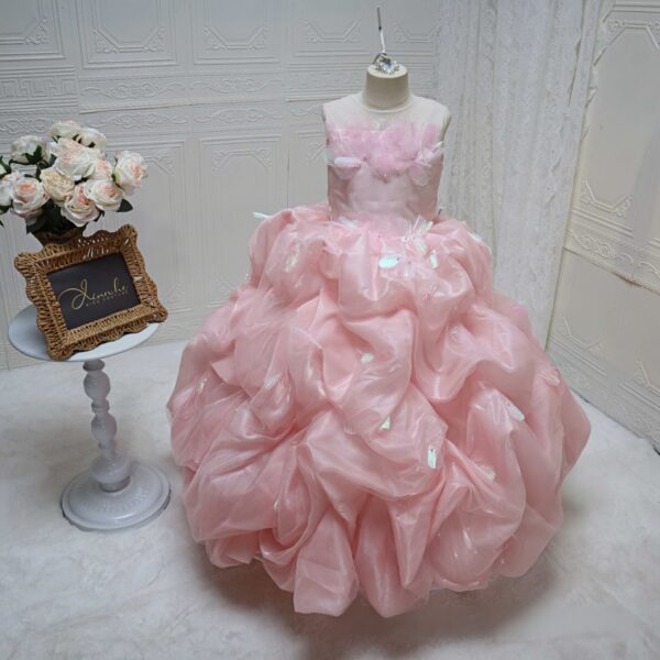 Pink 3D Petal Girls Pageant Gown | Luxury Puffy Tulle Kids Birthday Party Dress, Sleeveless Flower Girl Dress with Iridescent Sequin