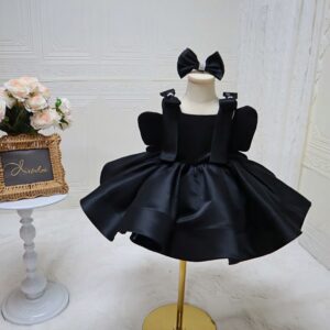 Black Butterfly Toddler Satin Dress, Girls Formal Birthday Party Gown with Rhinestone Bow Headband, Kids Photoshoot Wedding Dress