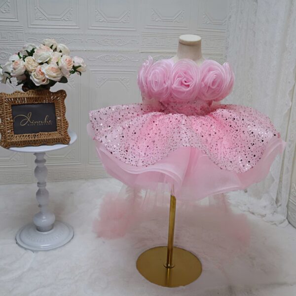 Pink 3D Rose Girls Pageant Dress | Sparkly Sequin Tulle Gown with Big Bow & Detachable Feather Train for Birthday Photoshoot