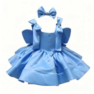 Blue Butterfly Toddler Girl Dress, Satin Princess Birthday Gown with Matching Bow Headband, Kids Formal Party Dress for Photoshoot & Wedding