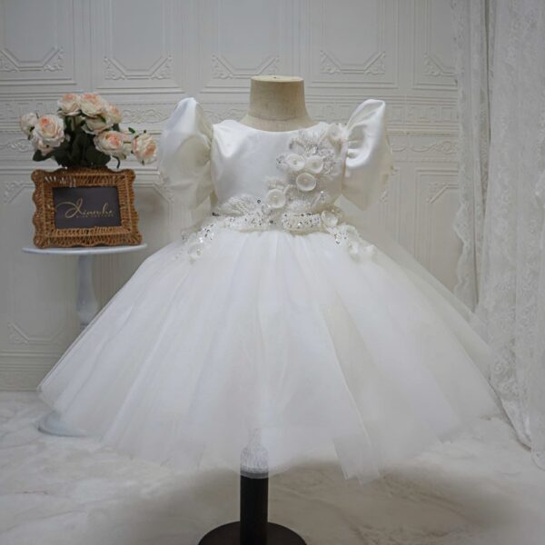 White Puff Sleeve Flower Girl Dress | Satin Big Bow Back Kids Pageant Gown Pearls Appliqued Tulle Dress for Wedding, Baptism & Birthday Party