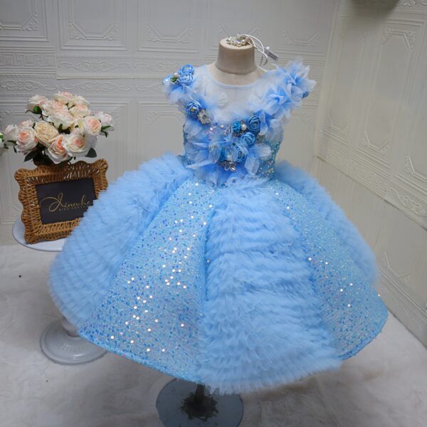 Light Blue Sequin Tulle Toddler Pageant Dress 3D Floral Applique Puffy Ball Gown Lace‑Up Back Girls Birthday Party Princess Dress