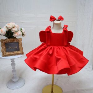 Red Satin Toddler Girl Dress, Big Sequin Butterfly Back Bow Puffy Ballgown, Baby Birthday Party Pageant Flower Girl Dress With Matching Headband